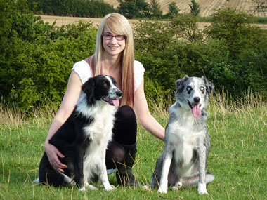 Anna Prest, who has joined Lintbells as Marketing Communications Executive, with her two Border Collies.