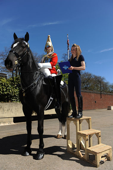 Blue Cross Groom Grace Shayler inspects Lance Corporal Francois Raats and his charger Colossus of the Queens Life Guards during the Blue Cross National Equine Health Survey (NEHS) at Hyde Park Barracks, London. UK on May 2nd, 2013