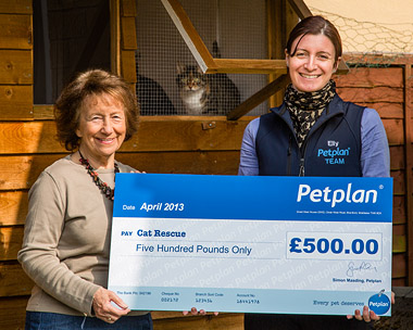 Jean Gilbert, Owner of Cat Rescue with Elly Woolcott, Petplan Account Executive and Poppy the cat