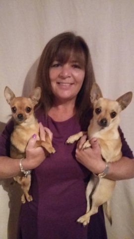 karen with her rescue dogs Bella and Chico