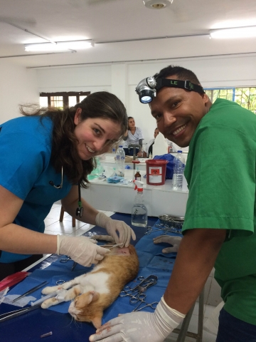 Dr. Julie Stafford (USA) and Dr. Gustavo Jimenez Sierra (Colombia) working together during the Global Outreach project.
