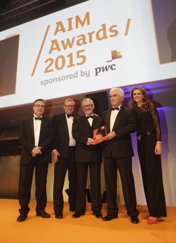 (left to right):  David Snell, Partner and AIM Leader, PwC Adrian Hadden, Co-Head of Equities, WH Ireland Richard Connell, Chairman, CVS Group plc and Simon Innes, Chief Executive, CVS Group plc (winner) and Bev Turner, awards presenter