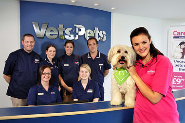 Team photo showing Vets4Pets with Ashleigh and Pudsey