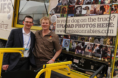 Ian Battersby with Luke Gamble of Sky TV’s Vet Adventures, with the Mission Rabies truck.