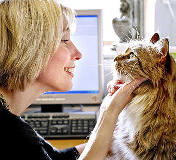 Lady looking at a cat close up