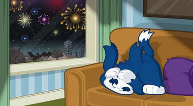 Cartoon of dog hiding scared on the coach with fireworks outside