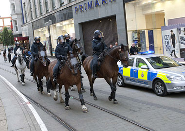Mounted policemen from the Manchester riots