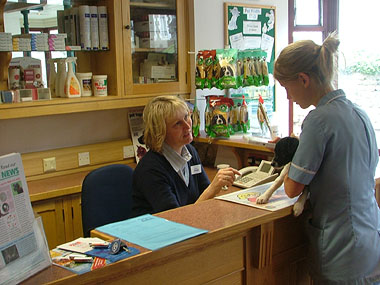 Receptionist chatting to customer