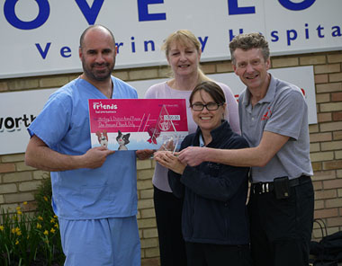 (Left to Right) Cheque presentation and Best Veterinary Surgery award with Marc Abraham (vet, Grove Lodge Vets), Christie McMahon (WADARS Chairman), Billy Elliott (WADARS Animal Rescue Officer), Abigail Corcoran (Grove Lodge Vets)