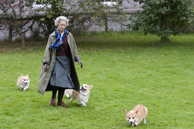 Screenshot from Queen movie showing corgis