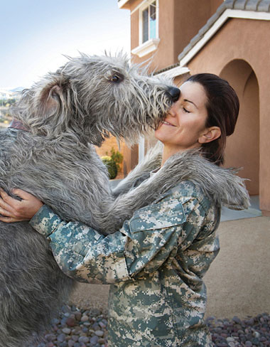 Still from campaign showing dog hugging female soldier