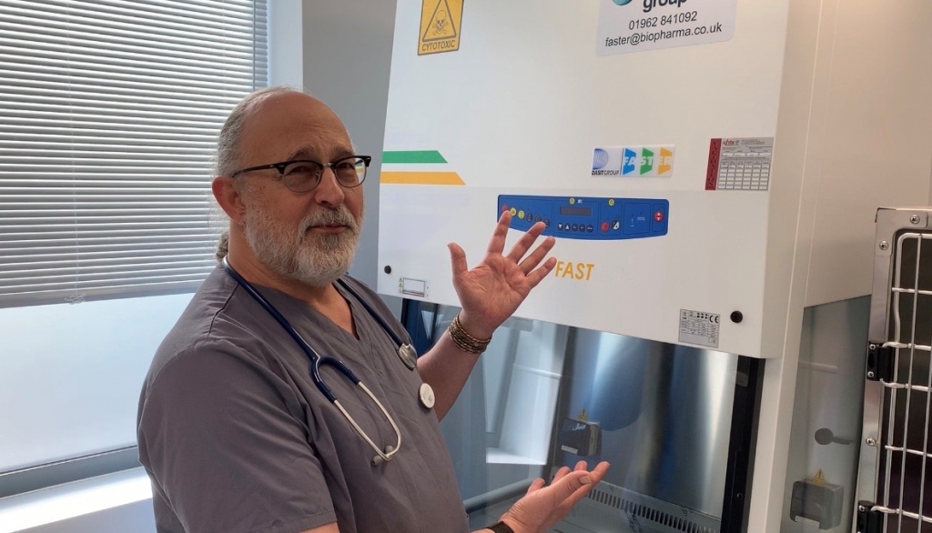 Dr Rodney Ayl with the chemotherapy hood