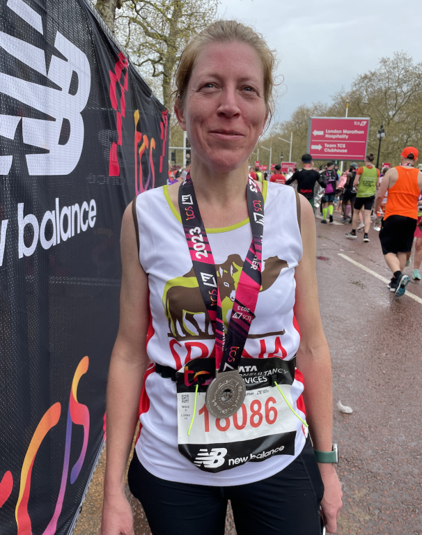 Marianne Davies of SPANA at the finish of the London Marathon 2023