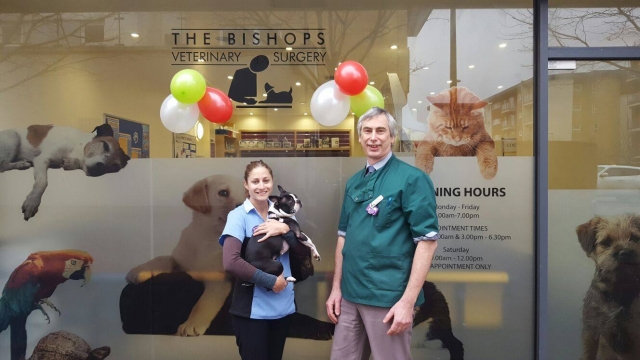 Catherine Soffair  Yves Gisseleire outside Bishios Vets in Hatfield