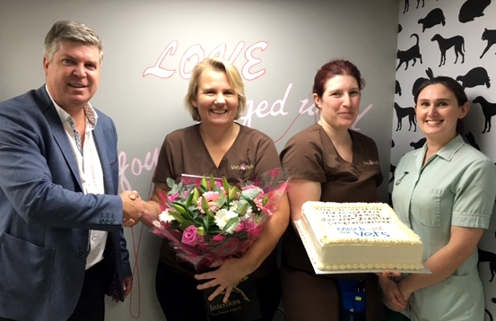 Senior partner John with Alison Jones, celebrating the opening of Medivets 200th practice in Gloucester.