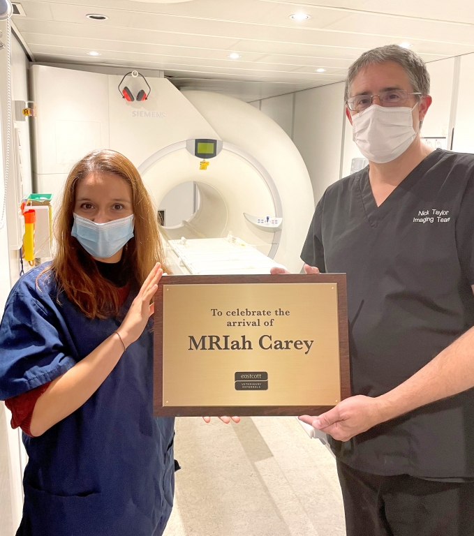 Referral radiographer Nick Taylor and neurology consultant Virginia Crespo in front of MRIah Carey, Eastcott’s newest 1.5T high-field MRI scanner