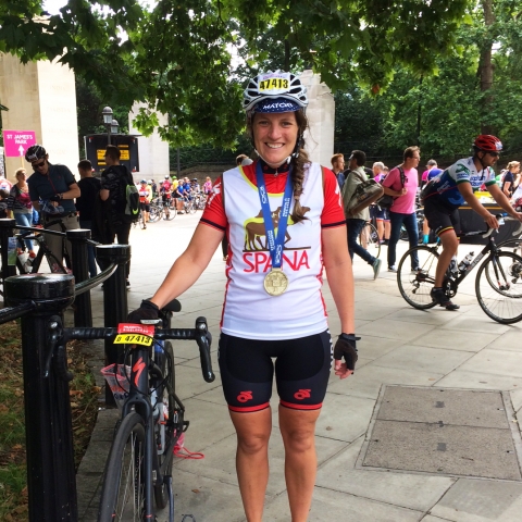 Hannah celebrates at the finish line