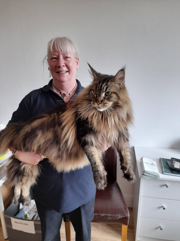 Dr Vicki Adams and her Maine Coone, Malbec