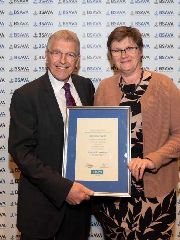 Professor Michael E Herrtage receiving the Bourgelat Award from BSAVA incoming President Sue Paterson
