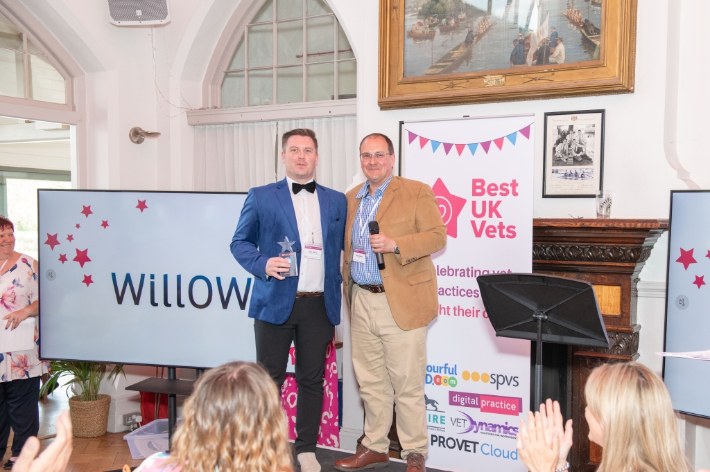 Tom Reilly hospital director at Willows Veterinary Centre and Referral Service in Solihull collecting one of the hospital’s prizes at the recent Best UK Vets Awards. 