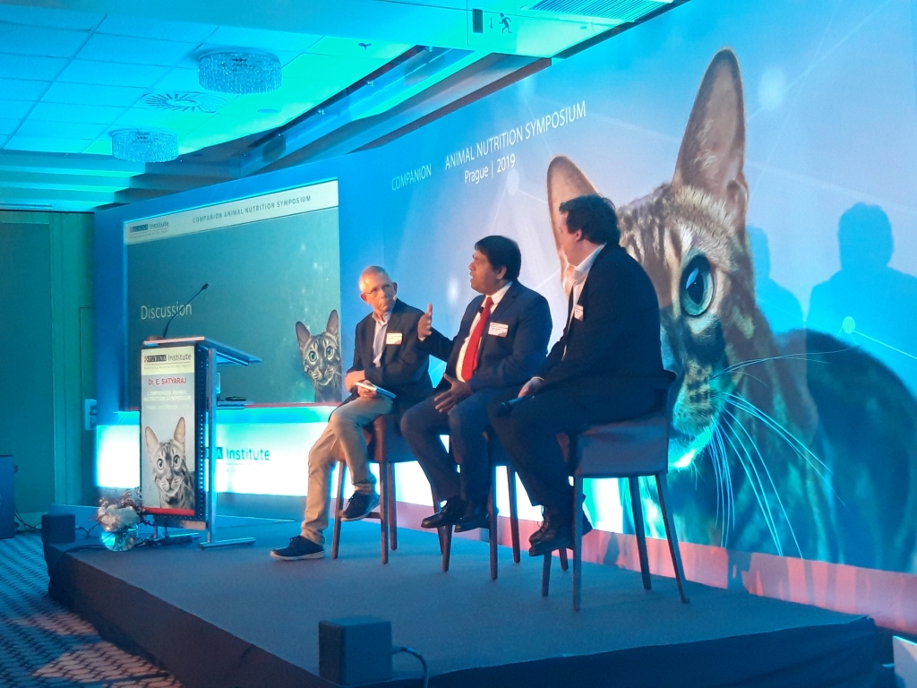 Q and A session at the 2019 Purina Institute CAN Symposium in Prague. Left to right: Dr. Andy Sparkes, Dr. Ebenezer Satyaraj and Dr. Enrico Heffler.