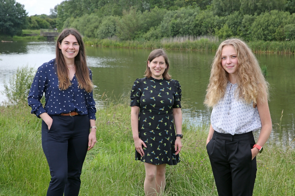 Long dark hair with navy blue top Becky Sedman, centre is sustainability manager Hannah James, and Harriet Ferris is in white top with blonde hair.