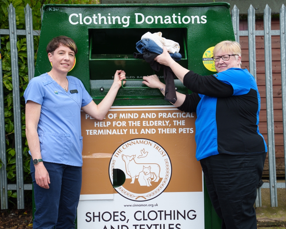 Shearbridge Vets&#39; Clinical director Sarah Reeves and receptionist Julie Sutcliffe with their practice&#39;s clothes bank