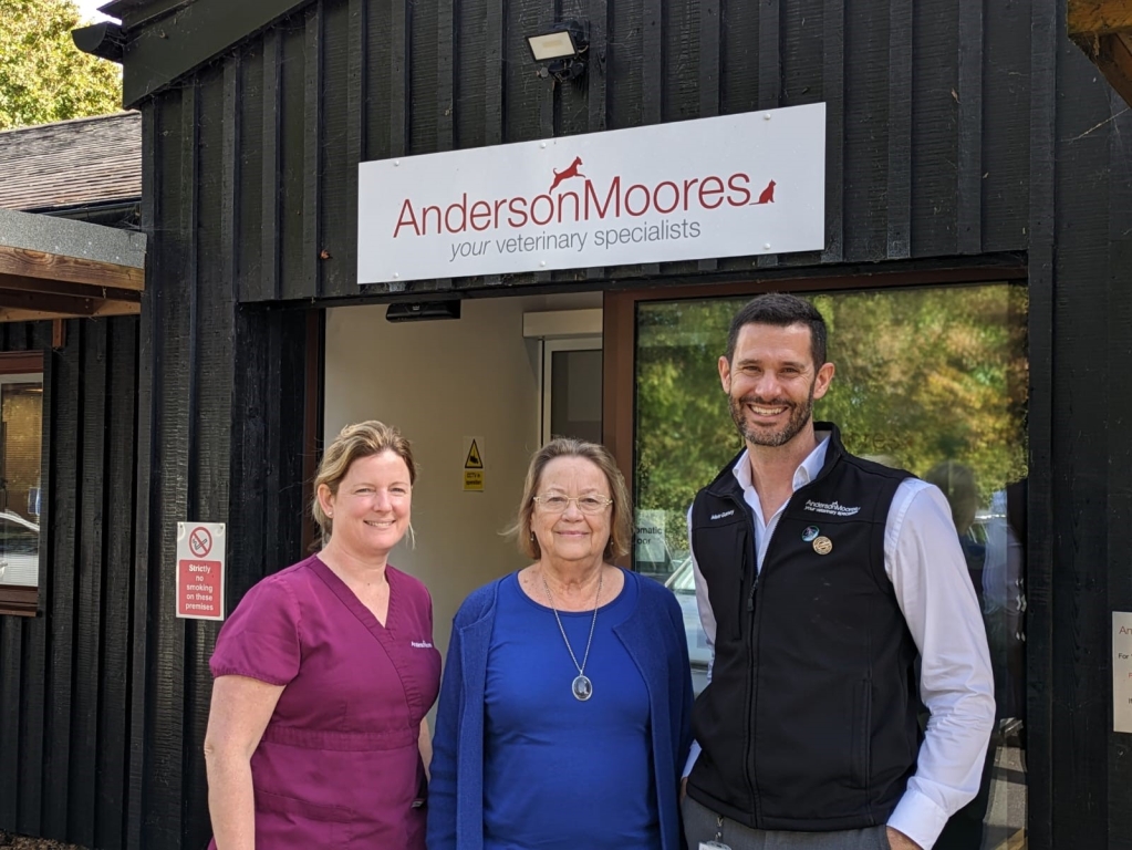 Baroness Bakewell, pictured here, centre, with Kathryn Lunn, head of nursing services, and hospital director Matt Gurney.  was shown around behind the scenes at Anderson Moores Veterinary Specialists in Winchester. 