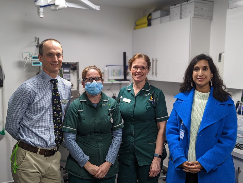 From left, NDSR hospital director Gerry Polton, oncology nurses Anita Morley and Debbie Creed, and Conservative MP for East Surrey Claire Coutinho.  