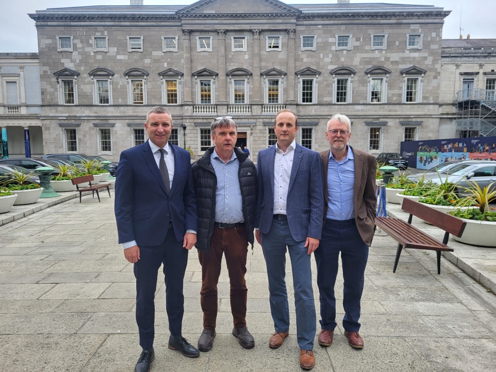 From left, Minister for State Niall Collins alongside members of the Veterinary Working Group, Jimmy Quinn, Liam Moriarty and Ian Fleming, who are campaigning for a new school of veterinary medicine at University of Limerick. 