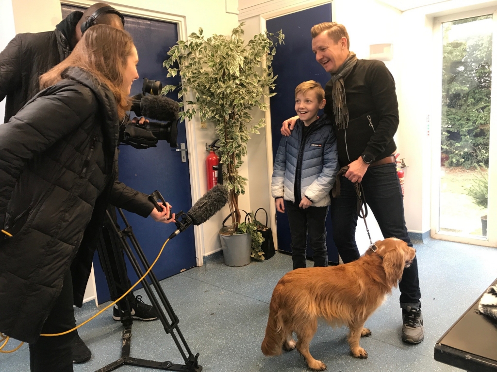 Left to right:  The BBC film crew with Dodge, his owner Iain Thomas and his son Mylo