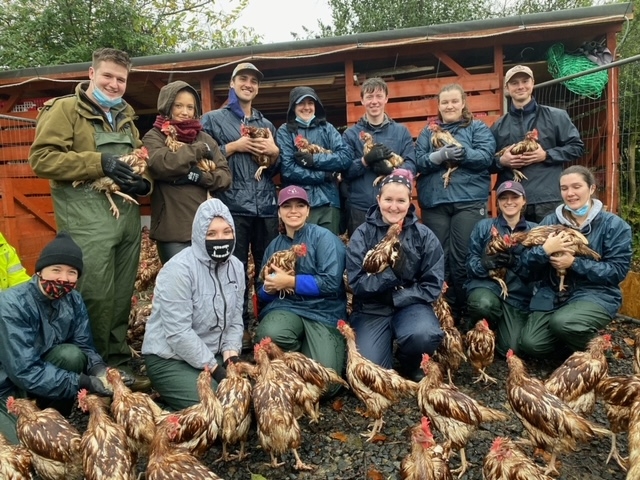 Group photo of student vet volunteers all holding chickens in front of a shed