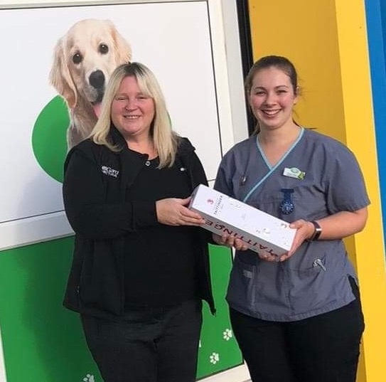  Jenni Malone, winner of the NexGard Spectra Walk in the Park competition, being congratulated on her prize of a fantastic trip to New York, by Jenni Malone, Territory Manager, Boehringer Ingelheim Animal Health.