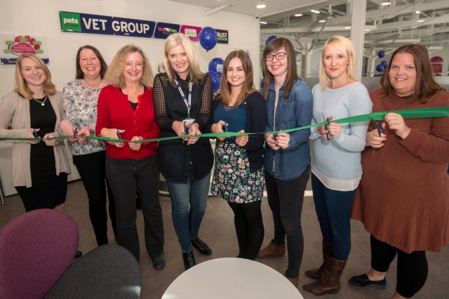 Pets at Home Vet Group chief executive, Sally Hopson (centre) is joined by a number of colleagues to officially open the new Support Office