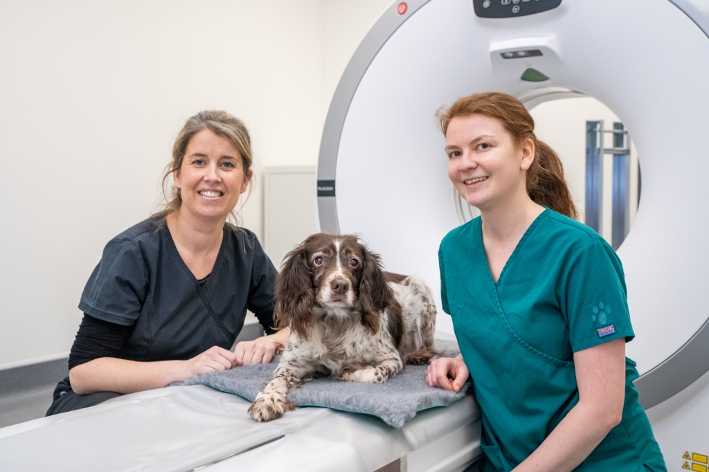 Surgical Director Lisa Flood and Head Nurse Michelle Rewcastle, with Roxy, show off new CT scanner