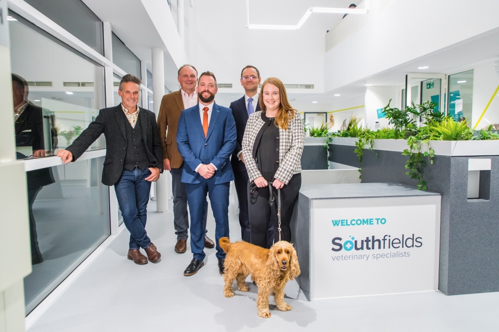 From left, television presenter Nick Baker, Linnaeus chief executive Bart Johnson, Daniel Hogan, Southfields hospital director, Linnaeus chief financial officer Ray Reidy and Southfields operations manager Sarah Stam along with her dog Pippin 