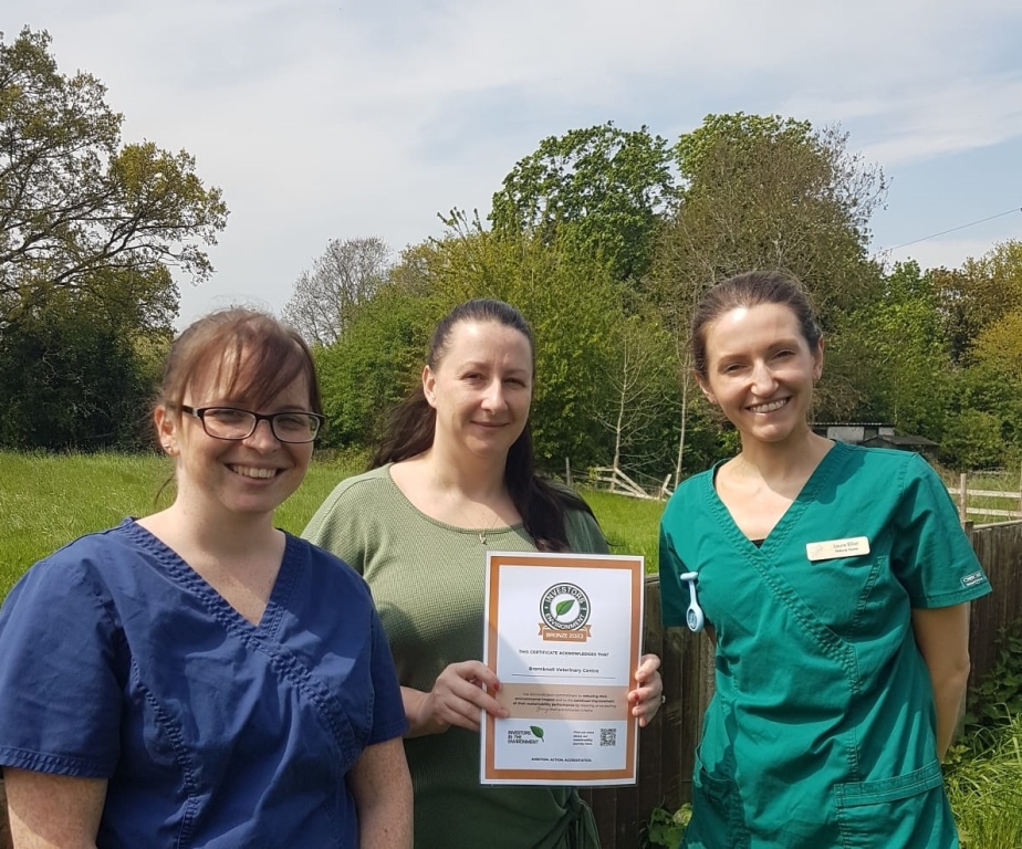 From left to right, Rhiannon Cartwright, nurse manager, Helen Peake, practice manager, and RVN Laura Elliot at Brentknoll Veterinary Centre in Worcester, which has been awarded bronze accreditation by Investors in the Environment. 
