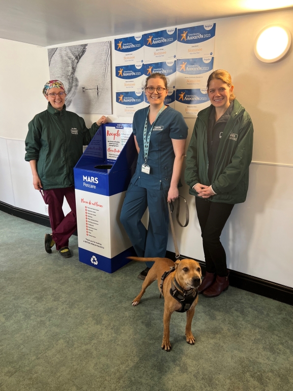 From left, Linnaeus environmental sustainability lead and Davies clinician Ellie West, Nicola Taylor RVN and green group lead at Davies, and Emily Prejac, Davies operations manager. 