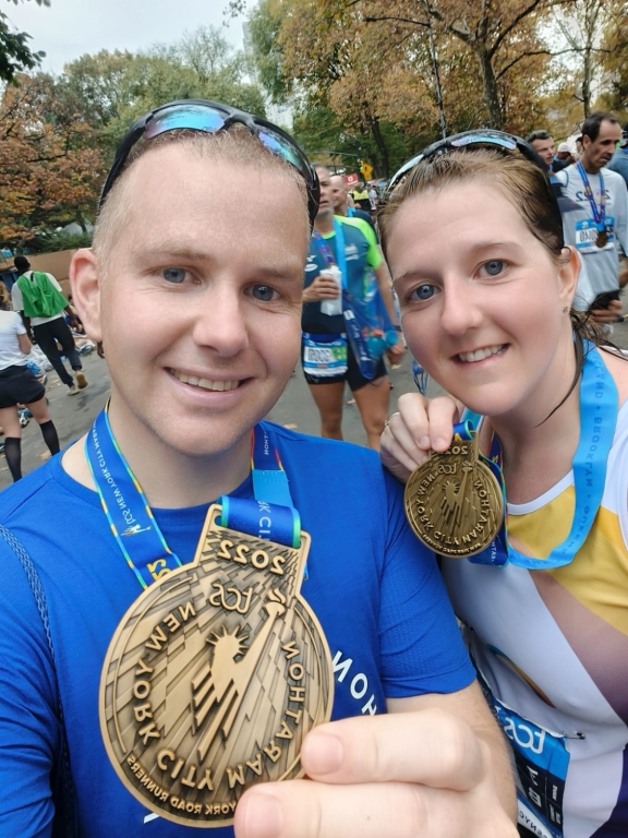 Cheryl Corless, a veterinary nurse from Northwest Veterinary Specialists, with husband Paul after completing the 2022 New York Marathon.