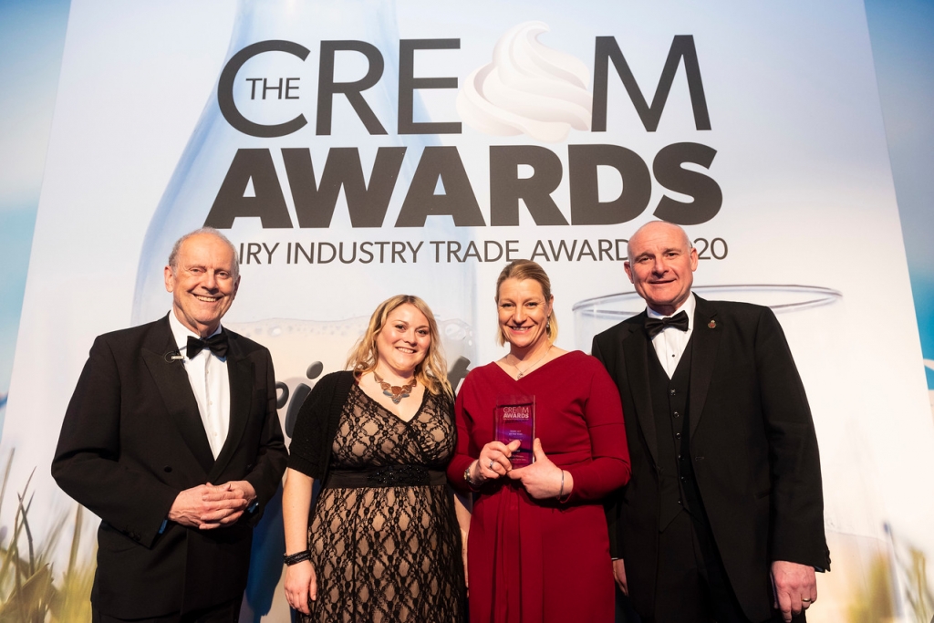 The CREAM Awards 2020:  Left to right:  Guest Gyles Brandreth, Charlotte Read, Krka, Sarah Tomlinson, Dairy Vet of the Year, and Sean Sparling, compere