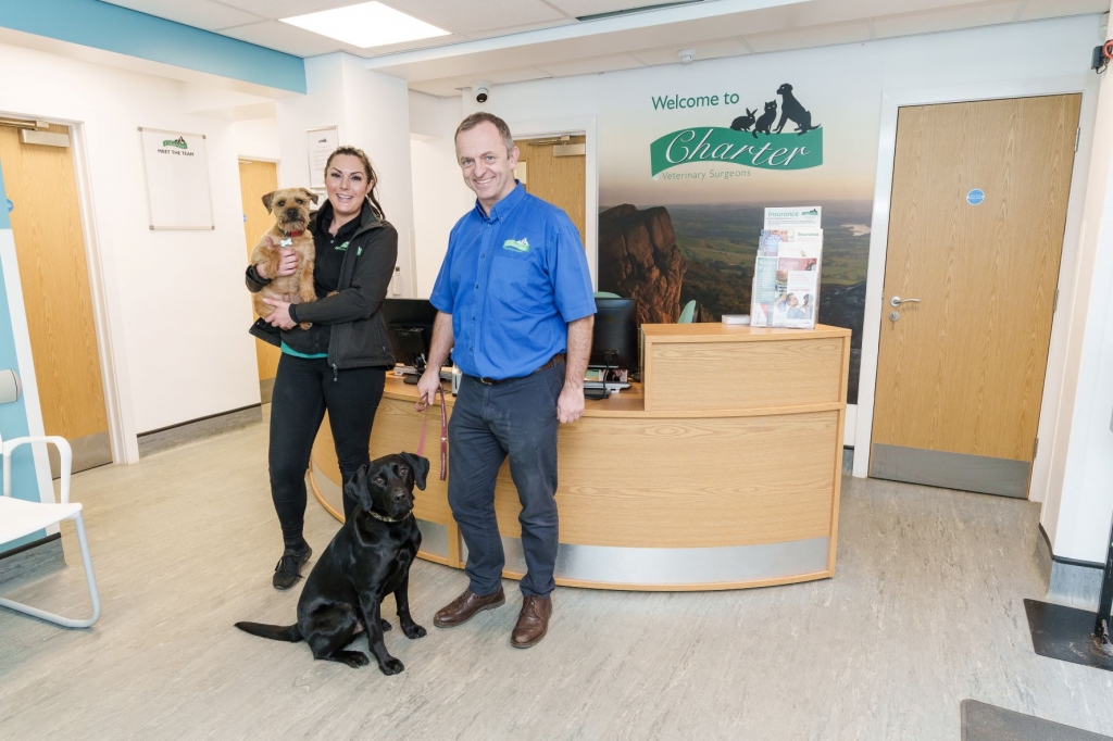 RVN Gemma Boughey and head vet Dr Marcus Johnstone in the modernised reception area at Charter Vets, Biddulph.