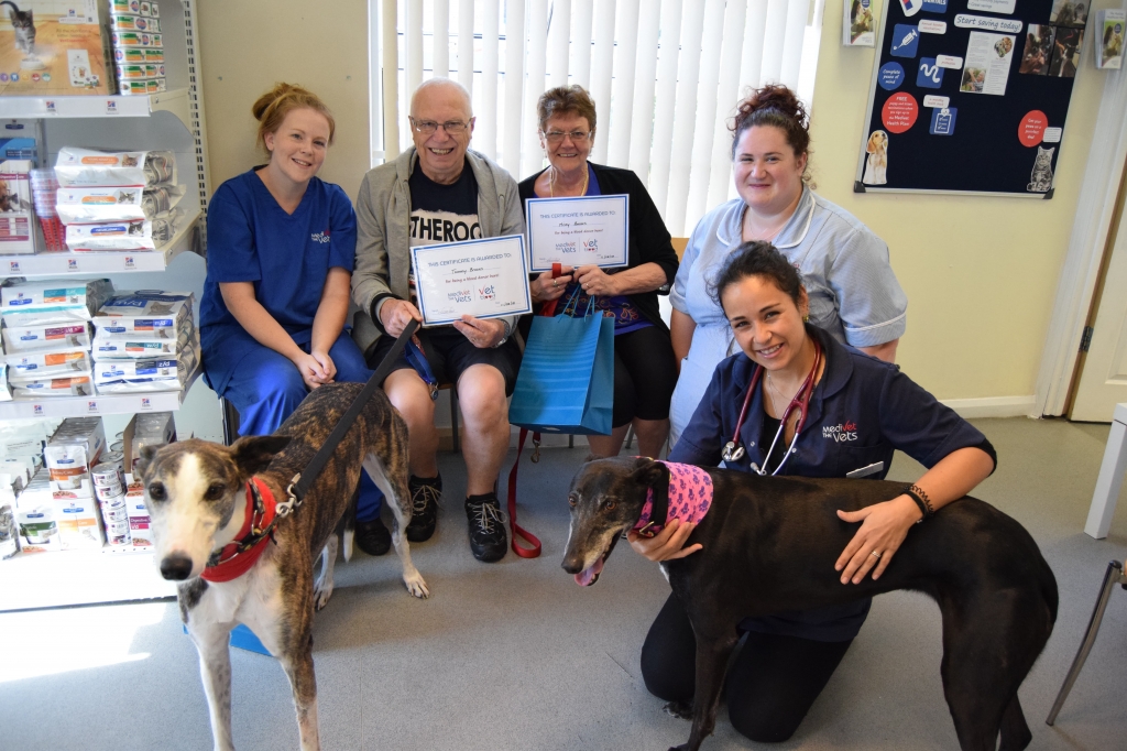 Left to right: Natalie White, Blood Bank Supervisor and Head Nurse, Mr and Mrs Brooks with Tommy and Misty, Charlotte Hosking, Student Veterinary Nurse, Margarida Laffan, Lead Vet. 