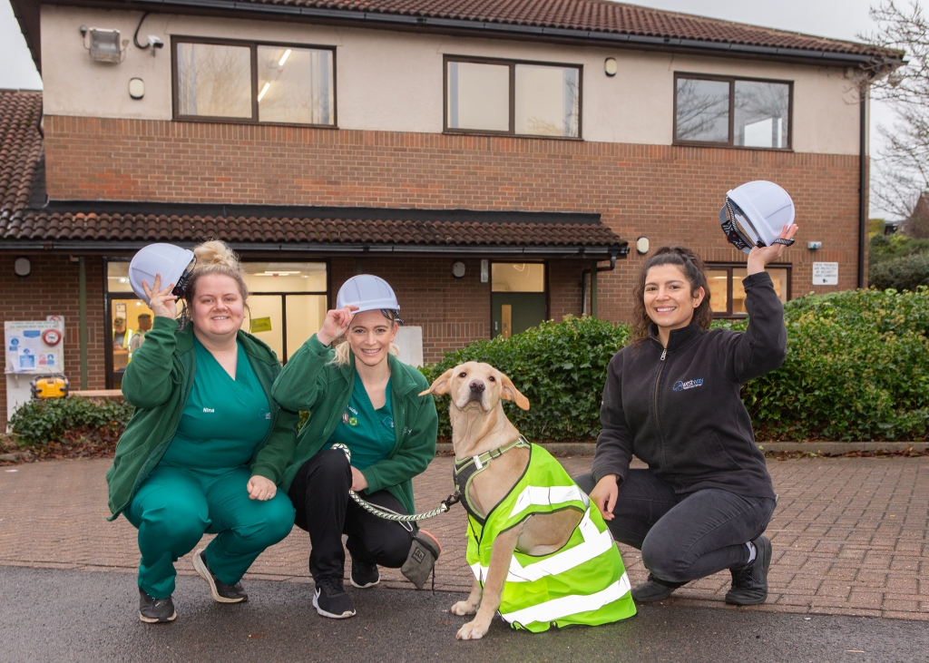 Pictured here outside the new surgery are, left to right, RVN Nina Cuppitt, senior RVN Louisa Crabtree and senior vet Rebecca Dobinson with Jax the Labrador.