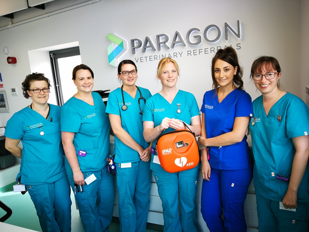 Pictured with Paragons new defibrillator are (L-R) veterinary nurses Emma Davy, Kirsty Clark, Michaela Wightman, Alison Mann, Gabriella Sapi and Helen Sorby.