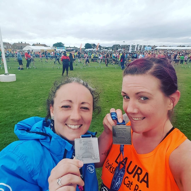 Sheli Dobbie (left) and Laura Turnbull (right) after completing the Great North Run in 2017