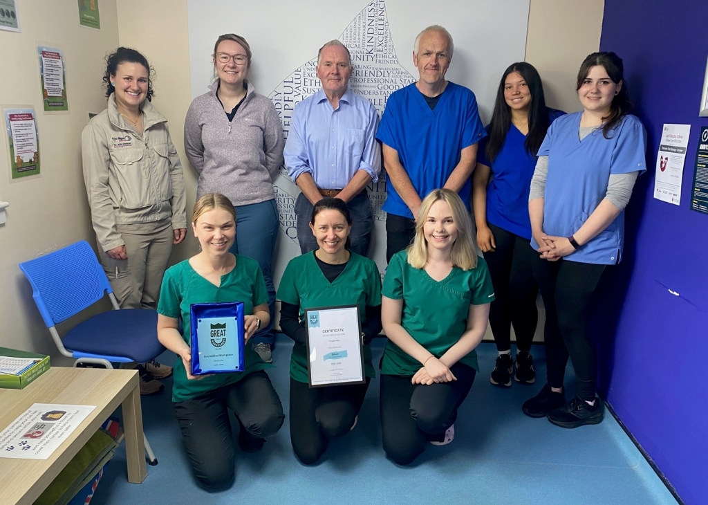 The Scone team with the British Veterinary Association’s (BVA) prestigious Great Workplaces plaque, which they were awarded earlier this year. 