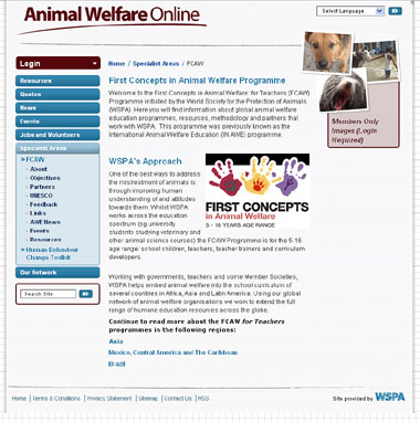 WSPA Animal Education website screenshot